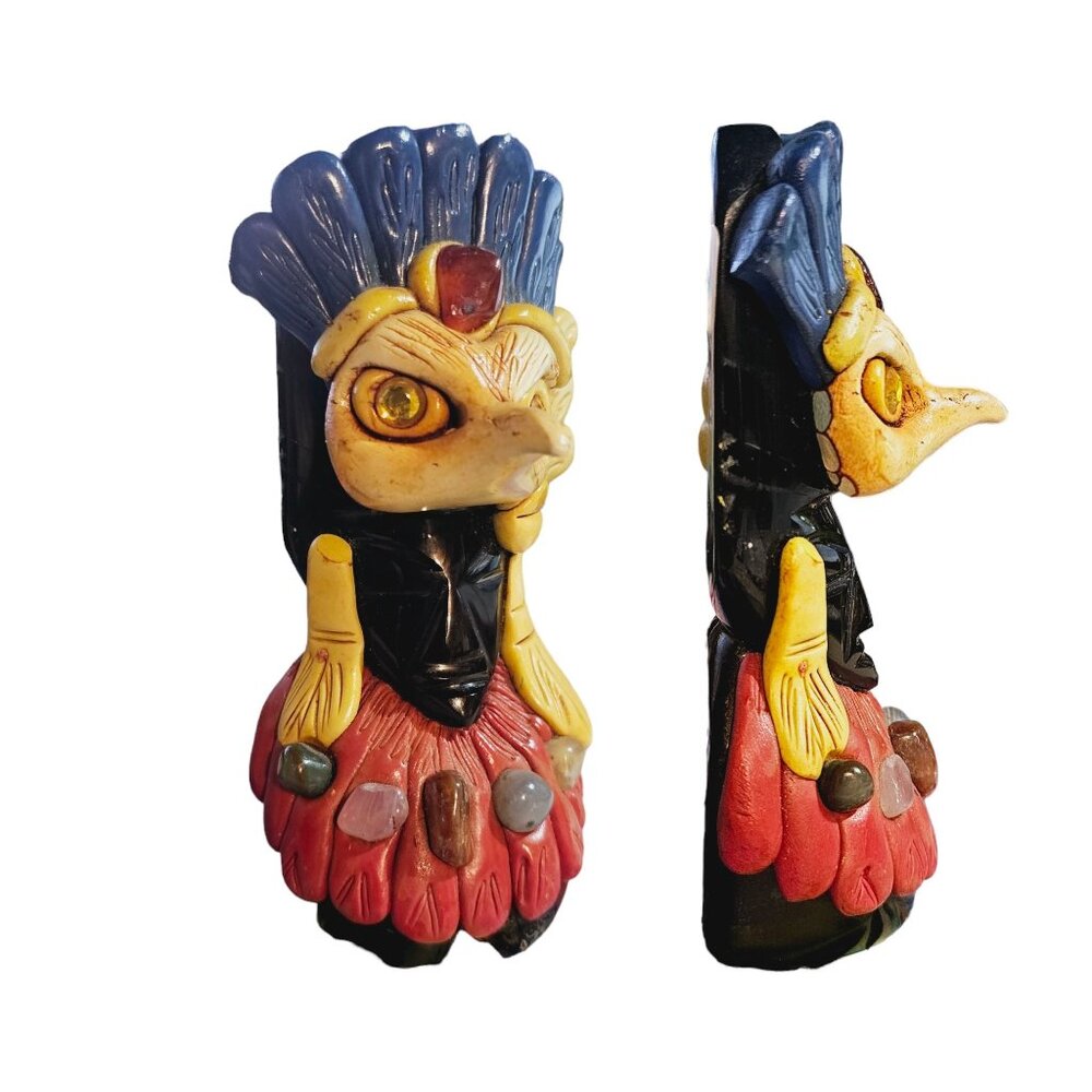 Vintage 1970's Obsidian Aztec Warrior Eagle Headdress with Semi Precious Stones - Picture 2 of 3